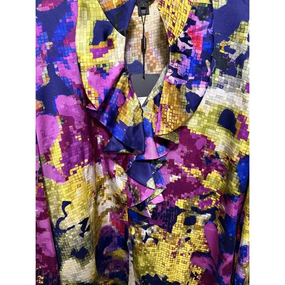 St. John Blouse Womens 8 Cobalt Celadon Multi Silk Ruffle Abstract Top K311WD1 - Picture 3 of 15